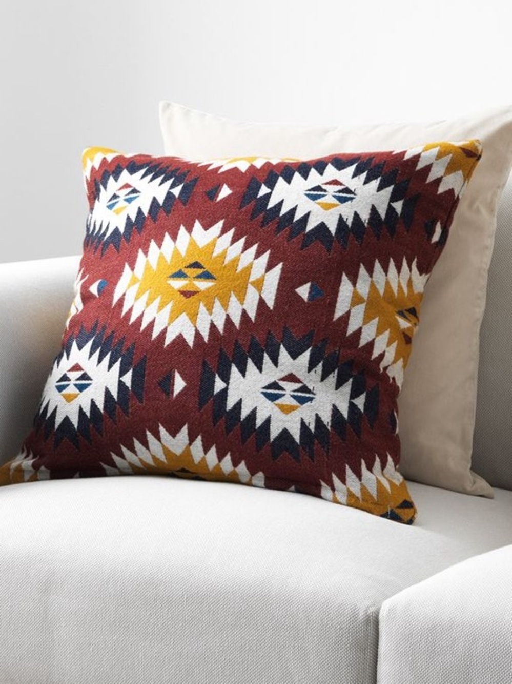 Southwestern Woven Wool Throw Pillow Cover in Burgundy, Mustard, Navy, and White